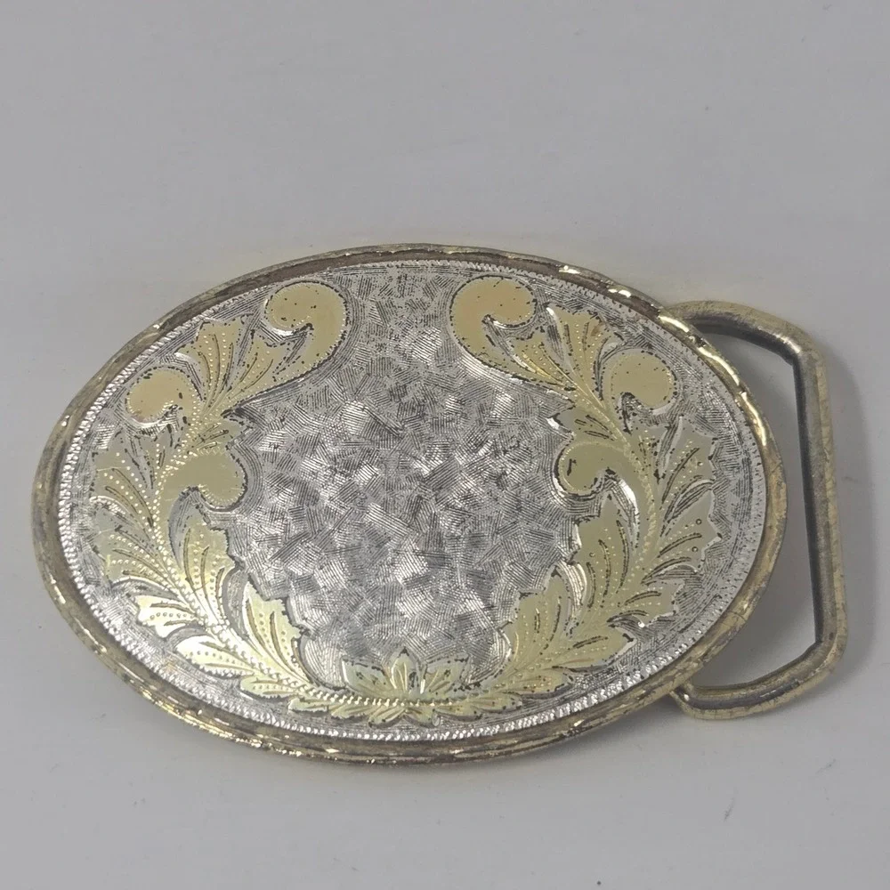 Vintage Western Belt Buckle Silver Gold Tone Floral Filigree Engraved Oval‎ USA